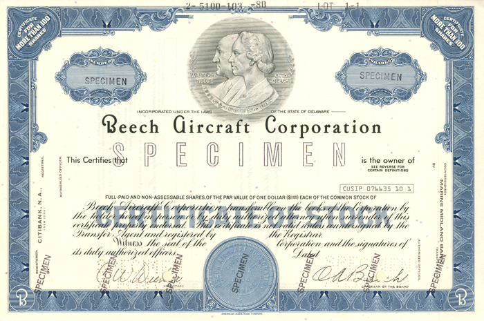 Beech Aircraft Corporation - Aviation Specimen Stock Certificate